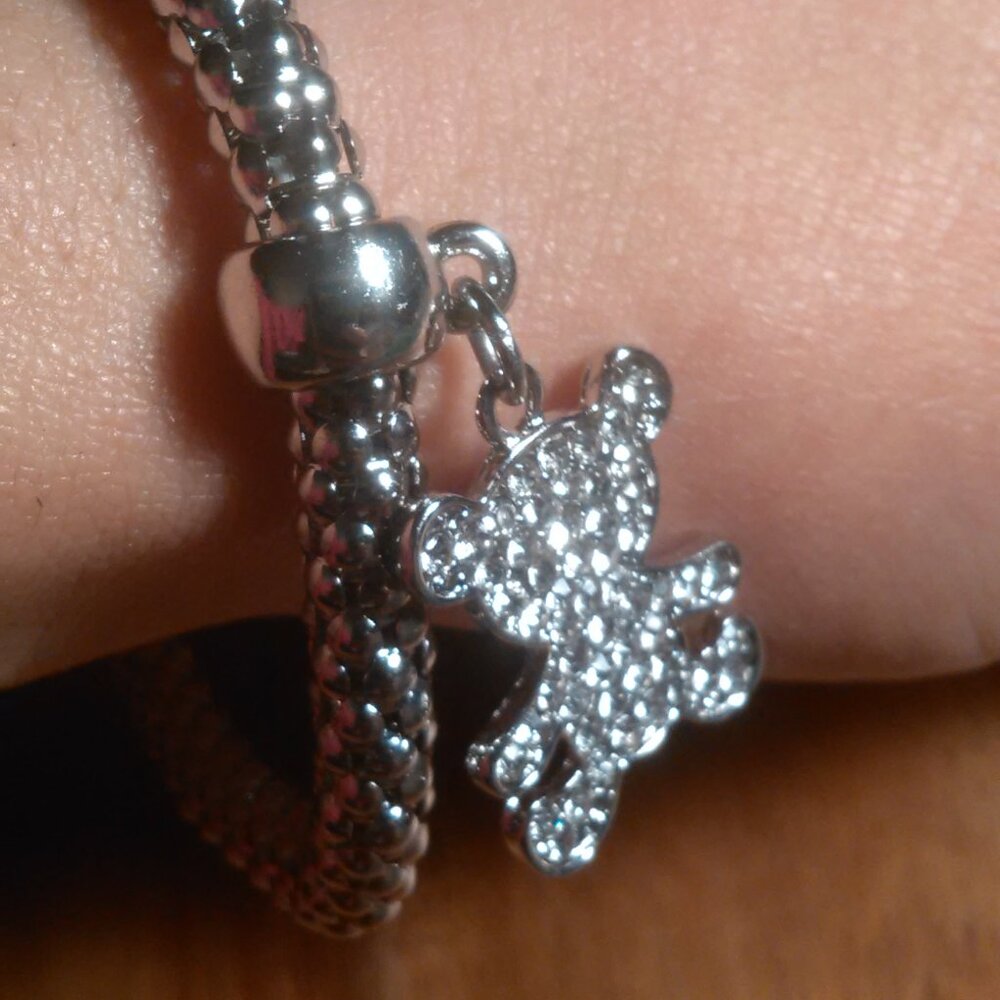 White Austrian Crystal Teddy Bear Silvertone Stretch Bracelet